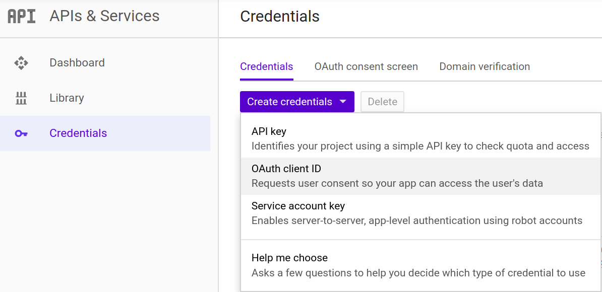Google create credentials screen shot